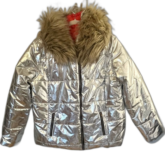 SHEIN Jackets & Blazers - SHEIN Metallic Silver Faux Fur Collar Puffer Jacket